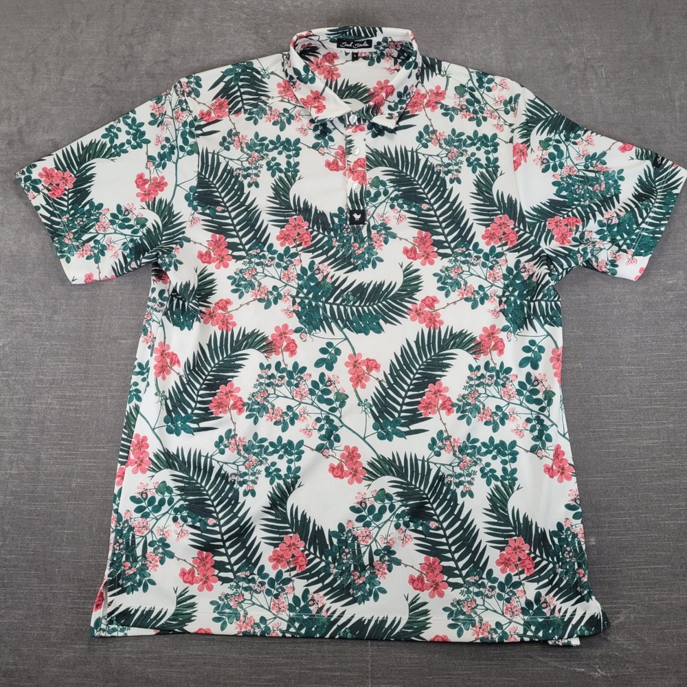 Bad Birdie Mens XL Golf Polo Shirt White Floral Tropical Palm Leaf Short Sleeve - Picture 1 of 6